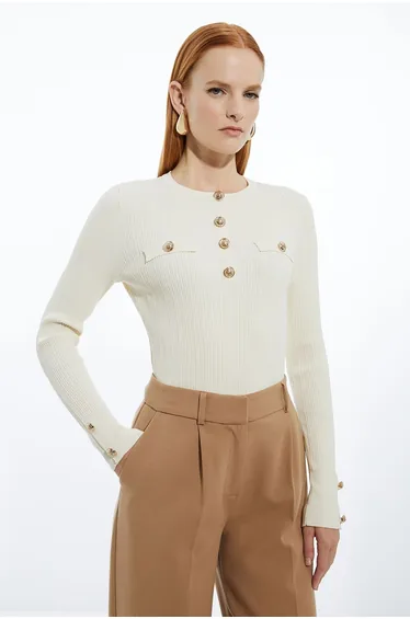 Petite Military Trim Rib Long Sleeve Knit Top