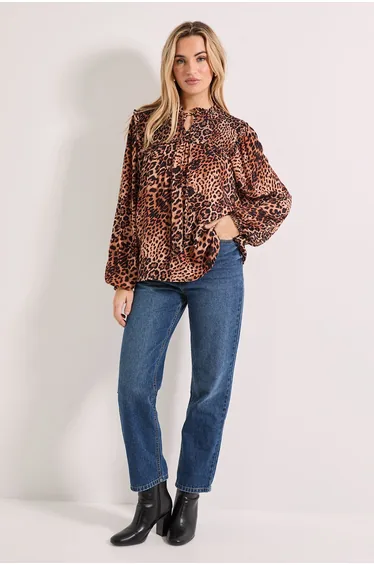 Leapord Smocked Yoke Tie Detail Blouson Sleeve Printed Top