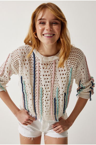 Women's Cream Crew Neck Openwork Seasonal Knitwear Sweater