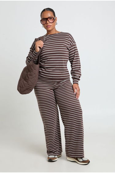 Plus Soft Stripe Long Sleeve Top - chocolate