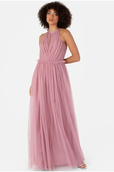 Pink Halter Neck A-Line Maxi Skater Dress with Ruffles