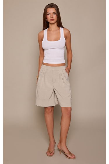 Stone Woven Pleated Turn Up Hem Tailored Shorts
