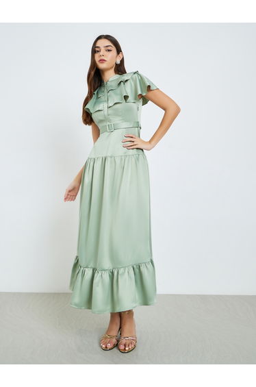 Green Belted Maxi Dress with Ruffle Detail