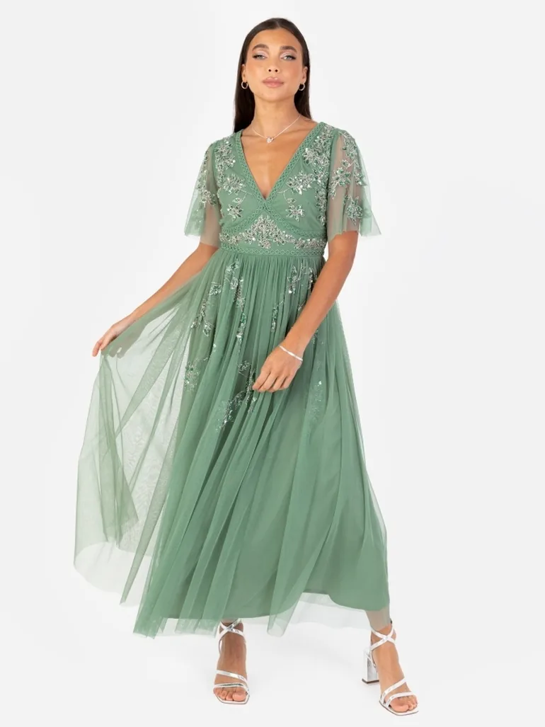 dark sage green floral dress Sage Green Floral V-Neck A-Line Long Wedding Guest Dress