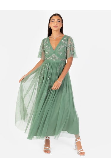 Maya Dark Sage Green Floral Motif Short Sleeve Midi Dress