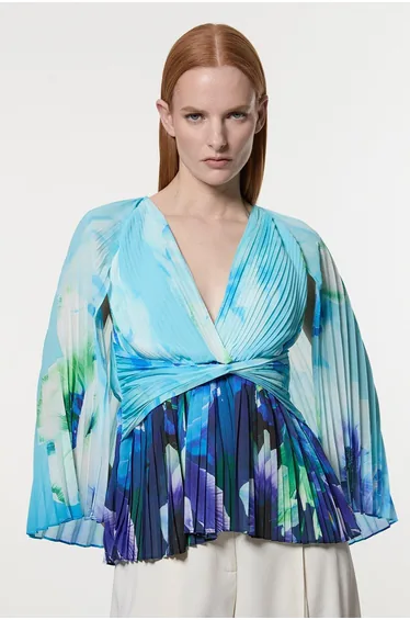 Ombre Floral Soft Pleated Woven Blouse With Cape