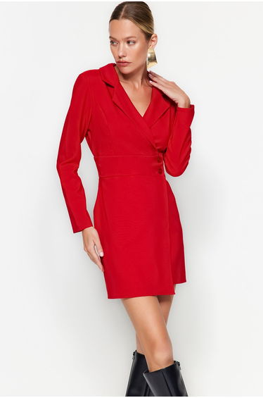 Red Button Detailed Mini Woven Jacket Dress