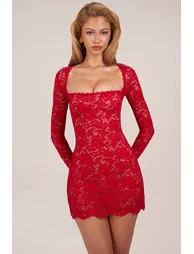 Sheer Scalloped-Lace Long-Sleeve Mini Dress in Rose Red