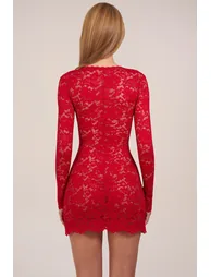 Sheer Scalloped-Lace Long-Sleeve Mini Dress in Rose Red - 2