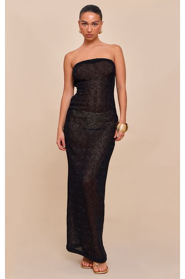 Black Sequin Sheer Bandeau Maxi Dress