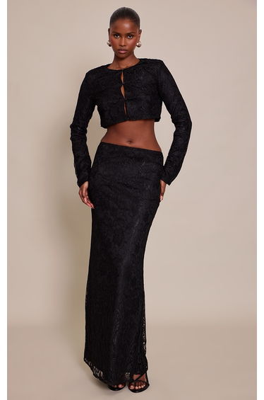 Black Lace Mid Rise Maxi Skirt