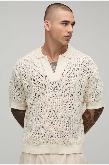 Oversized Boxy Open Stitch Knitted Polo - ecru