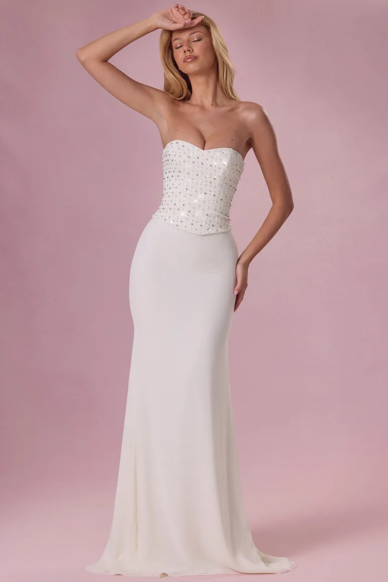 Embellished Corset Strapless Gown in Ivory - 7