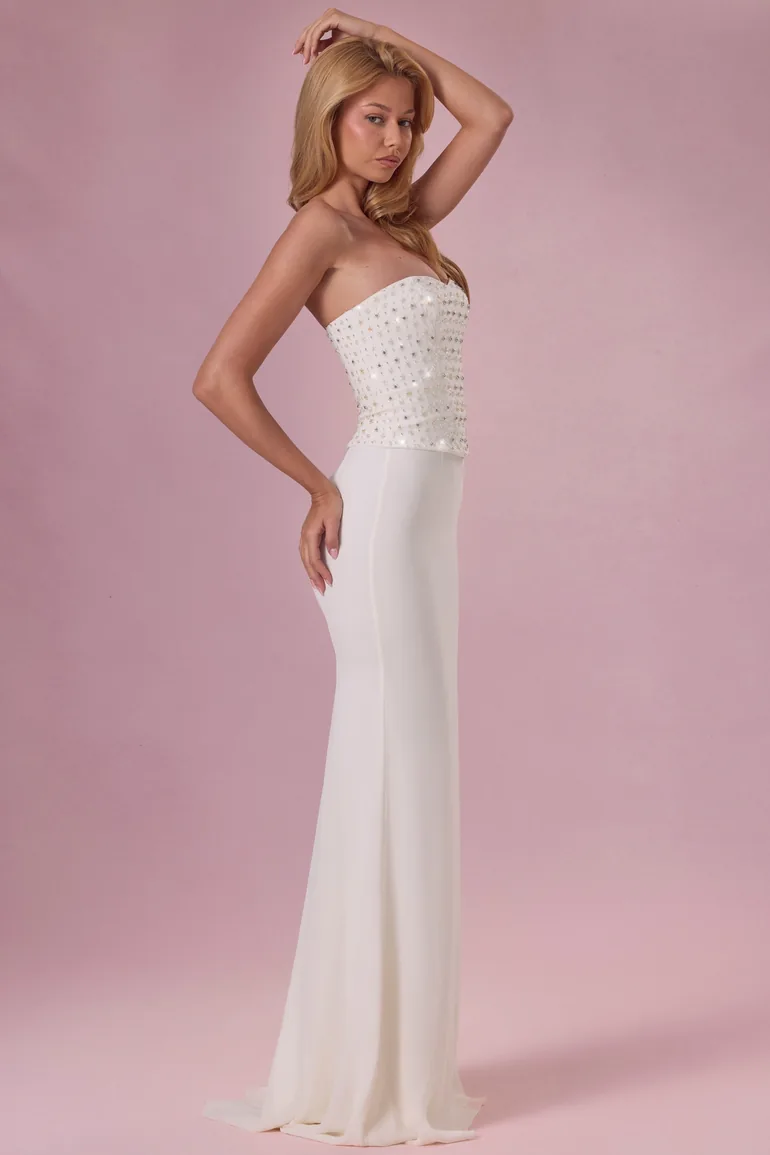 Embellished Corset Strapless Gown in Ivory - 2