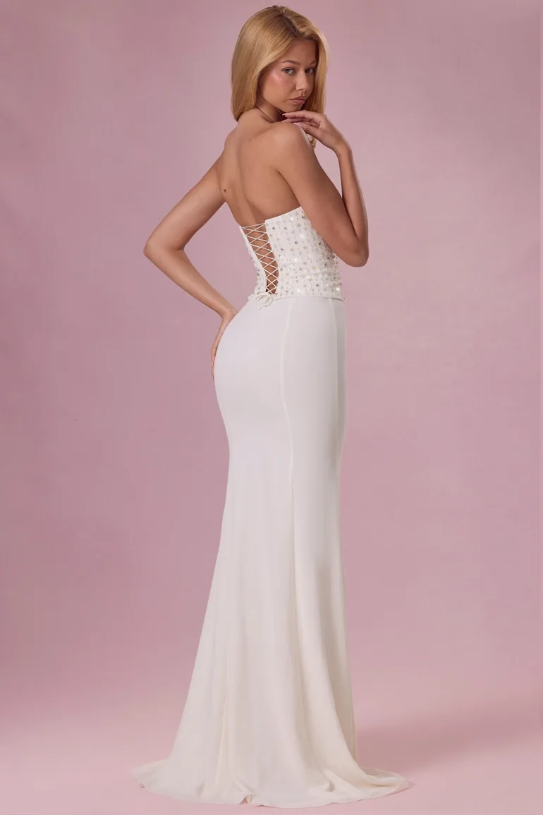 Embellished Corset Strapless Gown in Ivory - 1