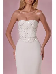 Embellished Corset Strapless Gown in Ivory - 3