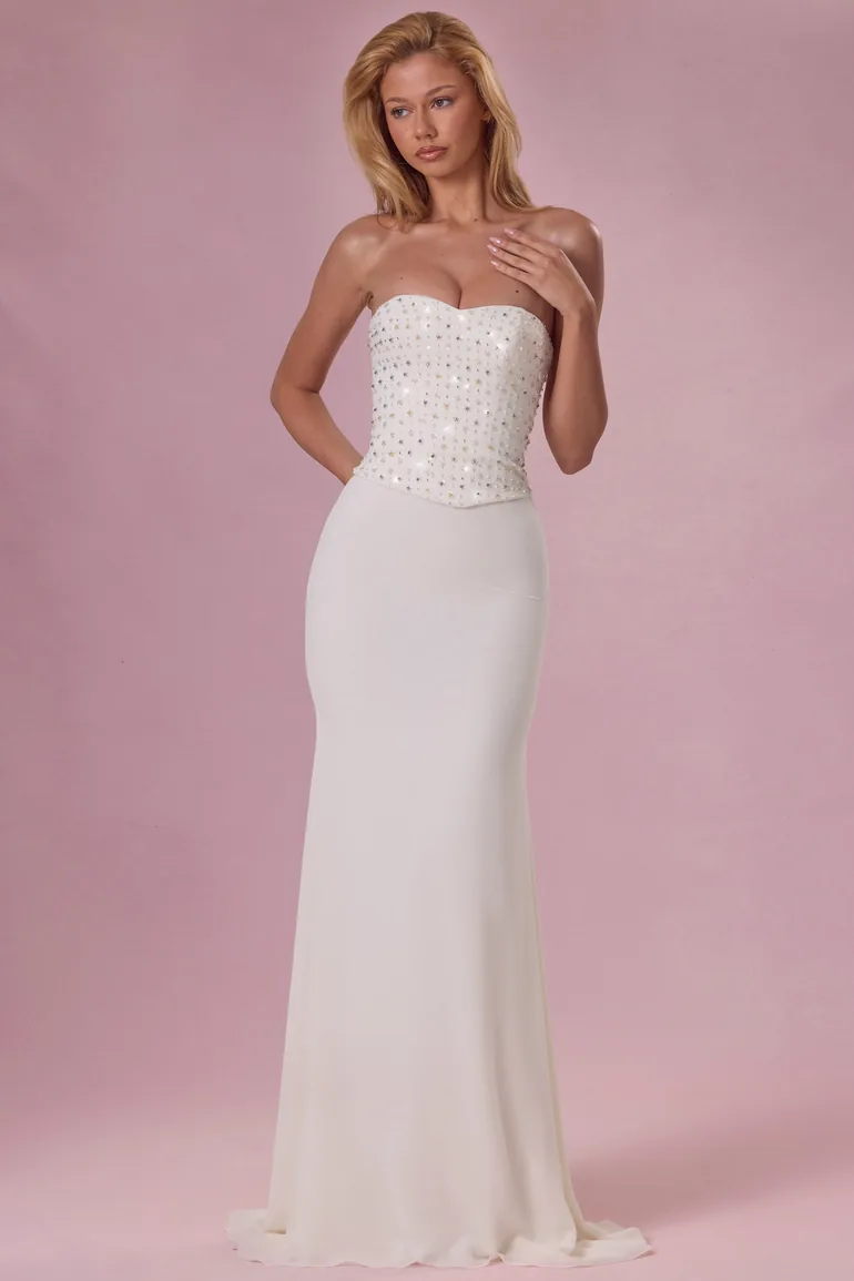 Embellished Corset Strapless Gown in Ivory - 4