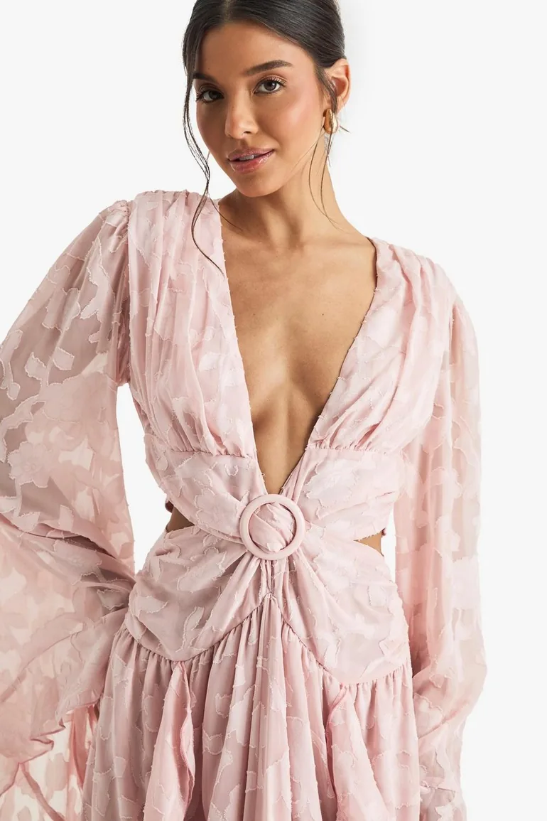 Textured Split Cut Out Maxi Dress - pink - 3