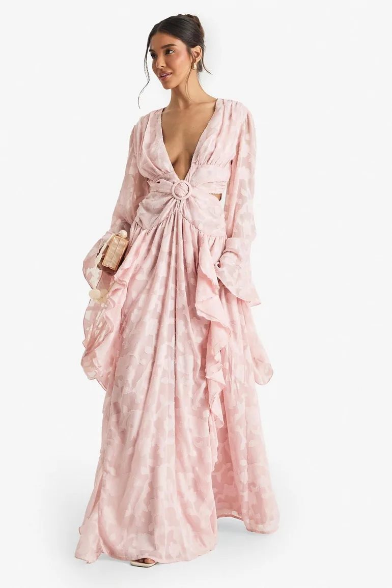 Textured Split Cut Out Maxi Dress - pink