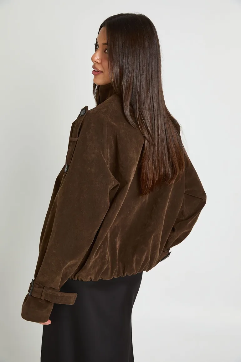 Faux Suede Funnel Neck Bomber Jacket - chocolate - 2