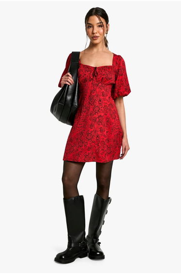 Paisley Puff Sleeve Mini Dress - red