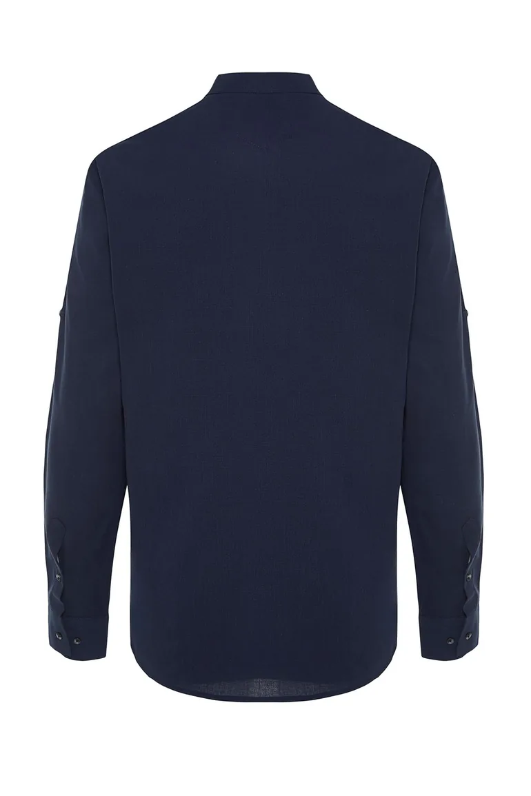 Dark Navy Blue Men's Slim Fit Basic Collar 100% Cotton Shirt with Epaulettes - 6