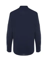 Dark Navy Blue Men's Slim Fit Basic Collar 100% Cotton Shirt with Epaulettes - 6