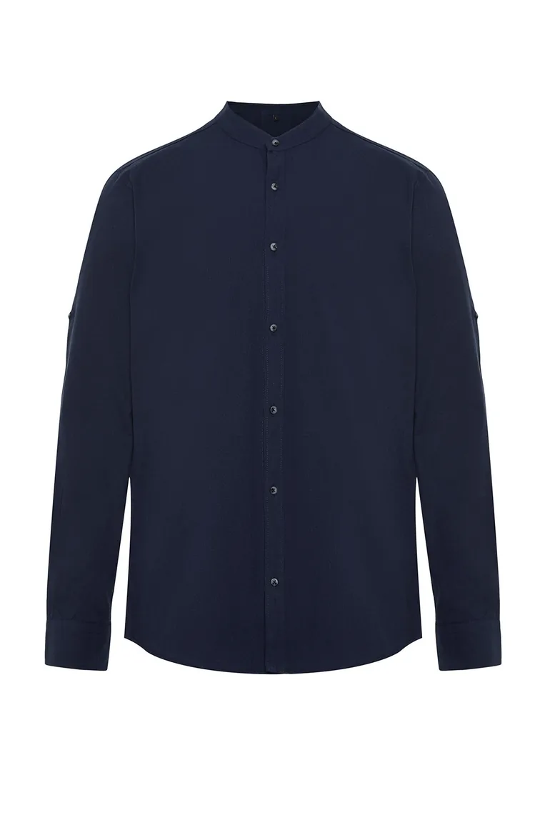Dark Navy Blue Men's Slim Fit Basic Collar 100% Cotton Shirt with Epaulettes - 5
