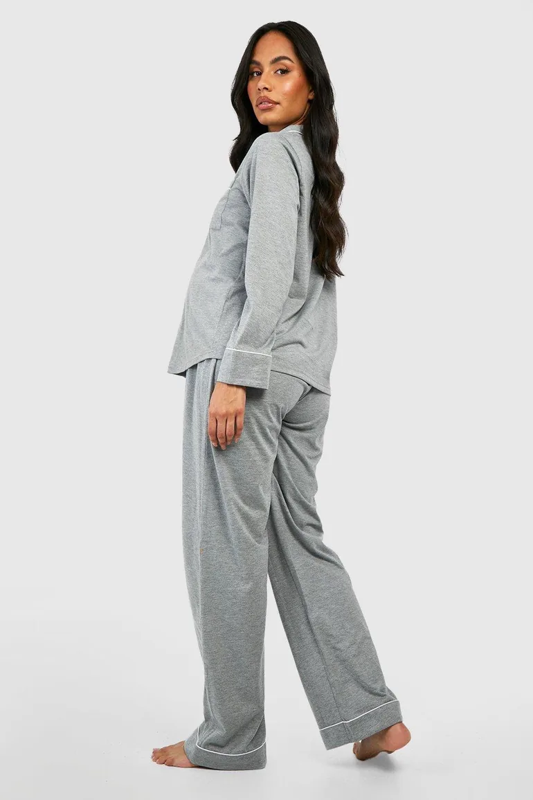 Maternity Jersey Piping Button Trouser Pyjamas - grey marl - 1