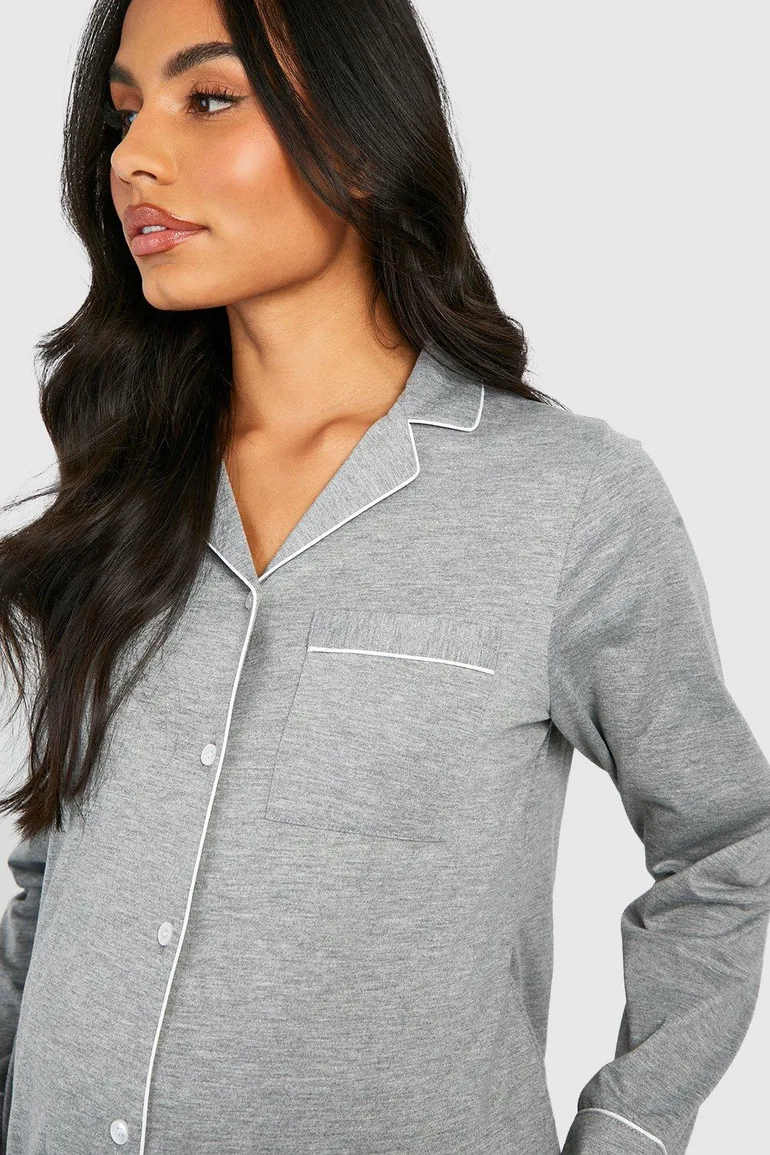 Maternity Jersey Piping Button Trouser Pyjamas - grey marl - 3