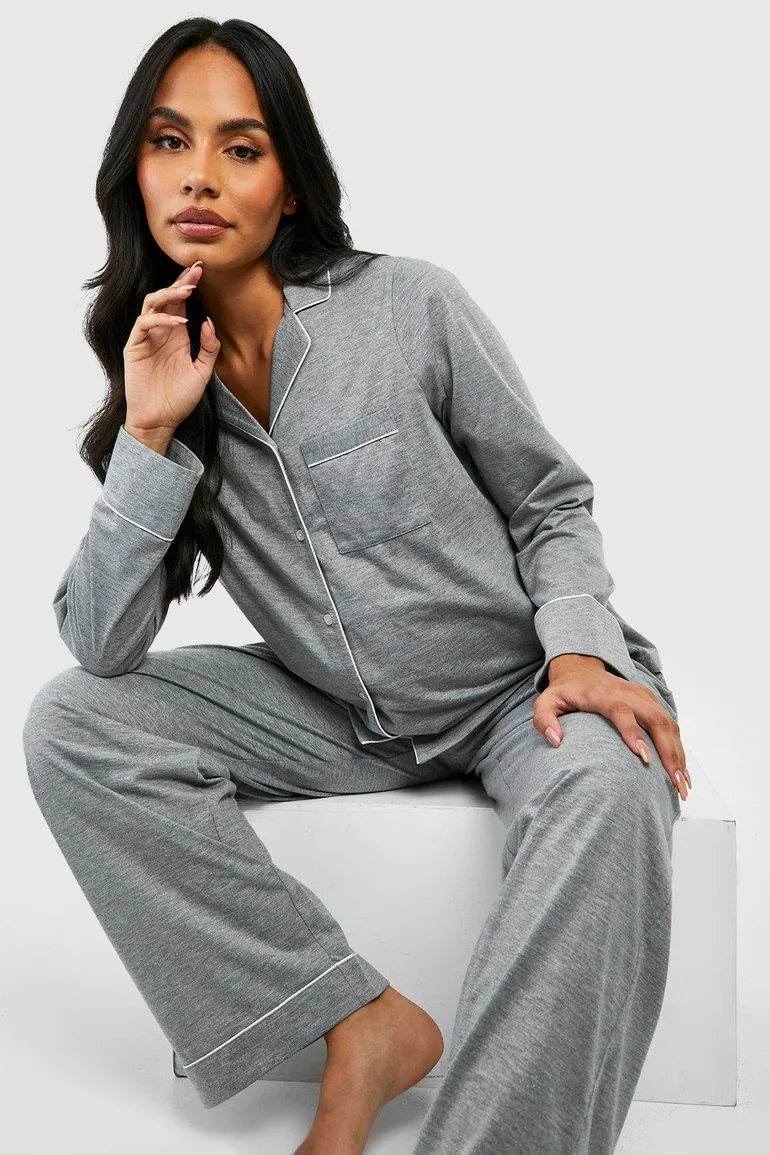 Maternity Jersey Piping Button Trouser Pyjamas - grey marl