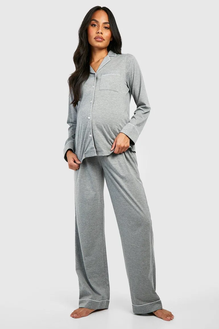 Maternity Jersey Piping Button Trouser Pyjamas - grey marl - 2