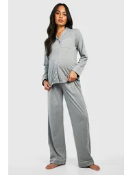 Maternity Jersey Piping Button Trouser Pyjamas - grey marl - 2