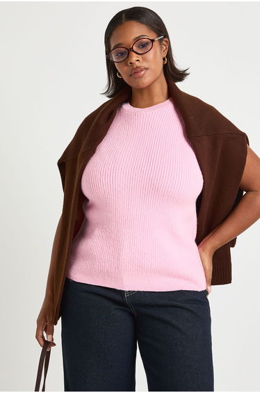 Plus Knitted Crew Neck Vest - pink