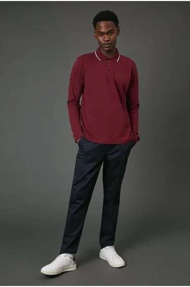 Burgundy Long Sleeve Pique Polo Shirt