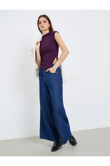 Women Purple Knit Mock Neck Sleeveless Top