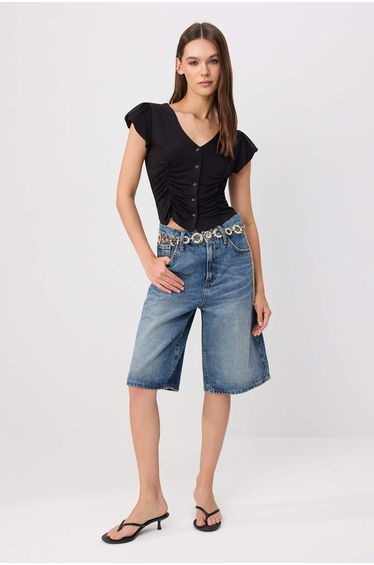 Black Fitted/V-Neck Buttons Short Sleeve Ruched Stretchy Knitted Blouse