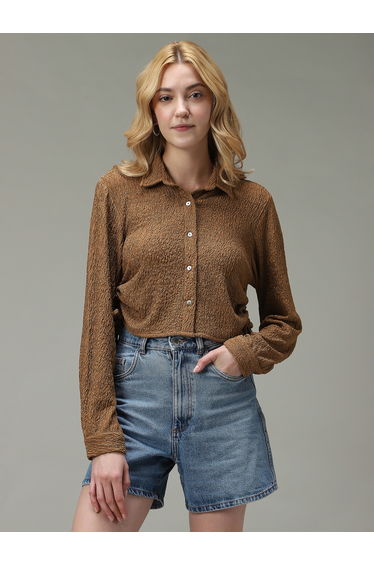 Brown Textured Ruched Crop Shirt