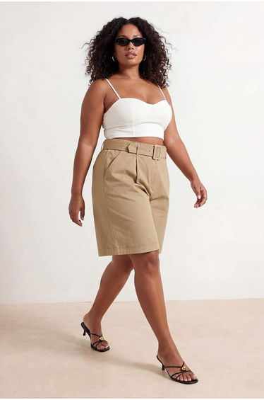 Khaki Belt Detailed Woven Plus Size Shorts