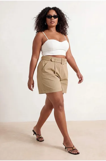 Khaki Belt Detailed Woven Plus Size Shorts