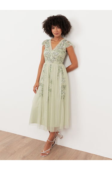 Maya Meadow Green Embellished Tulle Midi Dress with Open Back