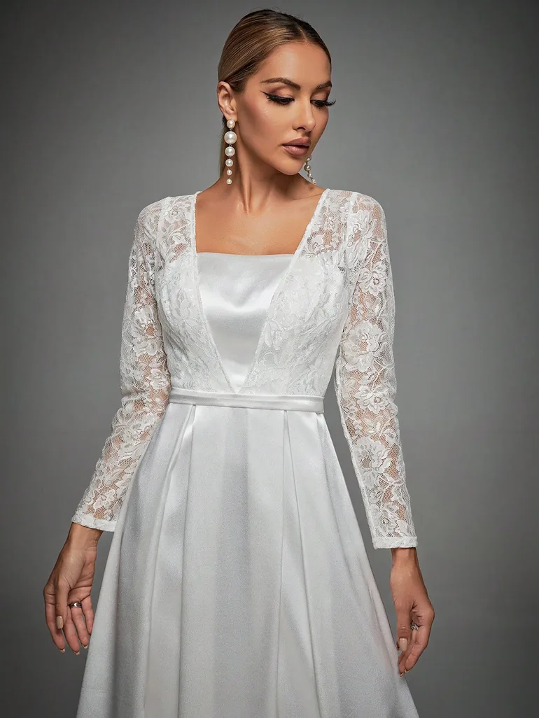 Leely Elegant Queen Anne Neckline Long Sleeve Wedding Dress - 3