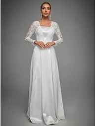 Leely Elegant Queen Anne Neckline Long Sleeve Wedding Dress - 5