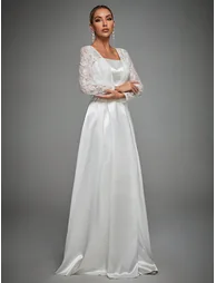Leely Elegant Queen Anne Neckline Long Sleeve Wedding Dress - 4