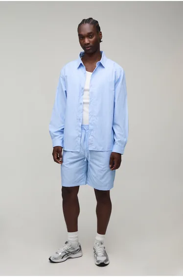 Tall Stripe Oversized Boxy Shirt & Baggy Short Set - blue