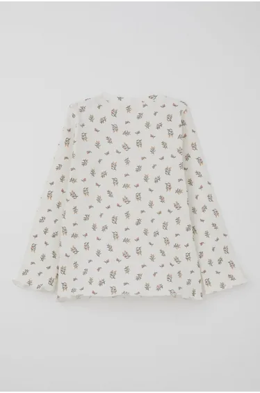 Baby Girl Pajama Set with Floral Pattern and Buttoned Shoulders, Ecru