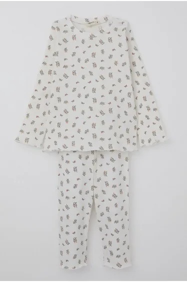 Baby Girl Pajama Set with Floral Pattern and Buttoned Shoulders, Ecru