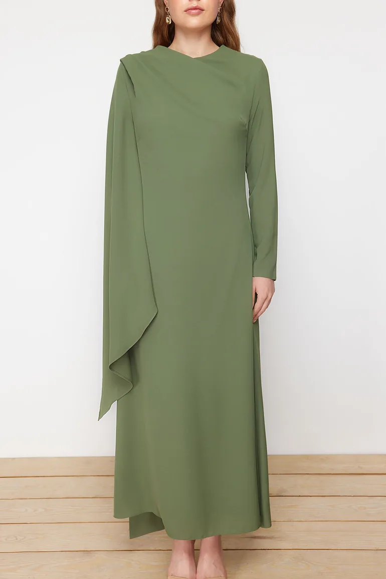 Shop Khaki Shawl Detailed Evening Dress Online in Bahrain