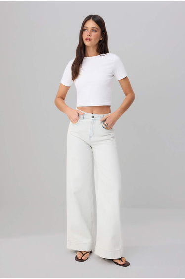 Light Blue Drape Belt Detailed High Waist 100% Cotton Wide Leg Jeans
