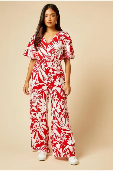 Petite Palm Print Wrap Front Angel Sleeve Jumpsuit